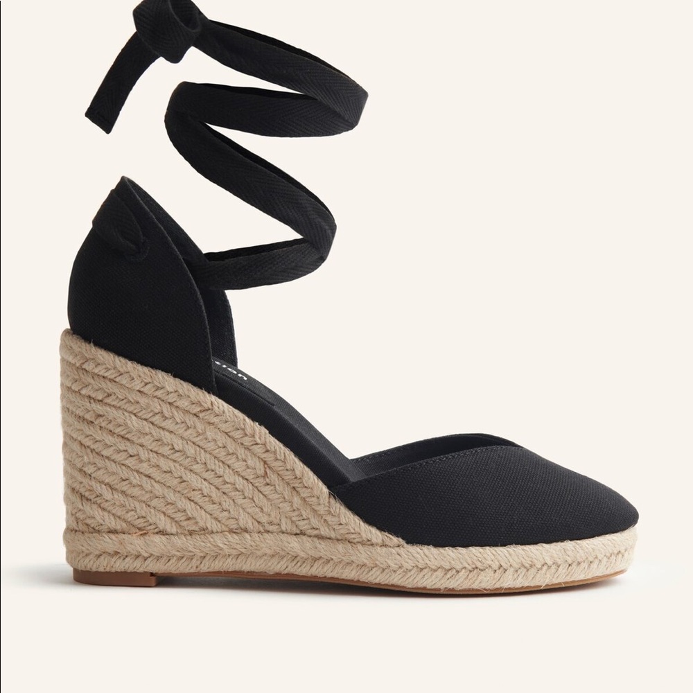 Reformation Black Canvas Espadrille Wedge with Ankle Wrap